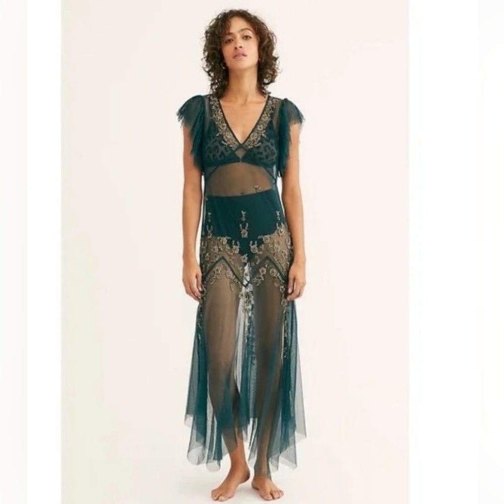 Free People Annabelle Embellished Green Maxi Slip Dress